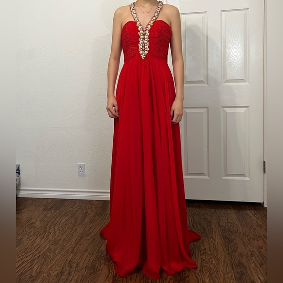 Princess Collection Red Evening Gown with Bedazzled Neckline Size 4 - Picture 2 of 8